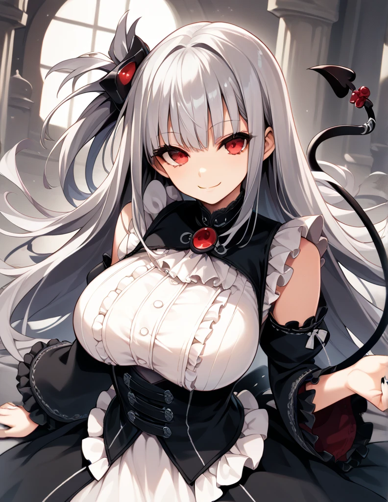  one girl playing pranks,  high definition,Silver Hair,  side tail,  big breasts at the temple, Frills,  Gothic Style Clothes,  Best Quality, Long Hair,  seductive smile , 8K Octane,  anime style, Red eyes, 