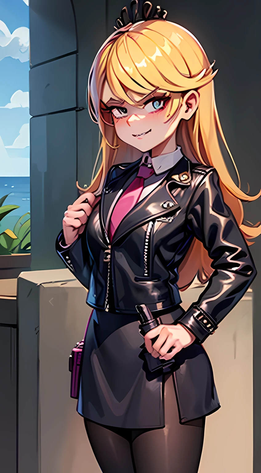 ((masterpiece, best quality)),solo,1girl, lolaloud, lola loud, blonde hair, highres, detailed, soft lighting, long hair, pink shirt, criminal girl, black leather jacket, black skirt, pantyhose, lingerie, background : ocean docks, angry, smirk, missing tooth, black outline, aiming at viewer, holding pistol, handgun, looking at you