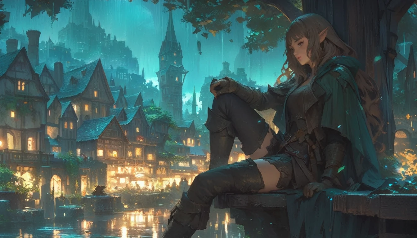 anime, a woman sitting on a bench in a city at night, artwork in the style of guweiz, fantasy art style, anime art wallpaper 4k, anime art wallpaper 4k, trending on artstation pixiv, anime fantasy artwork, anime art wallpaper 4k, guweiz on artstation pixiv, 4k anime wallpaper, white hair, holding sword