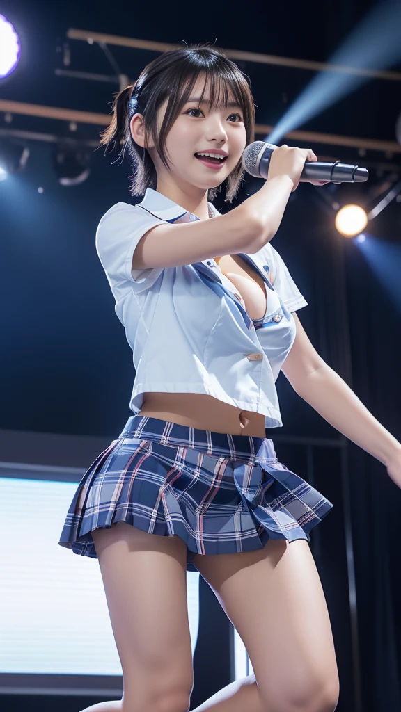 Japan school girl、dark blue super short plaid pleated mini skirt、on the idol concert small outdoor stage, large screen, neon sign, blue sky, ((14age)), Phenomenally cute, (baby face), ((((no makeup)))), very short hair, (light brown hair:1.3), (pigtails), (smile:1.3), open mouth, (huge breasts:1.65), (beautiful legs focus:1.2), (white shirt), (collared shirt), short sleeves, (white string panties is seen because of her skirt is too short), outdoor, blue skirt, (plump body), standing, (full body shot), Very beautiful thighs、loafers, (dancing:1.3, jumping), (singing a song:1.4)、(very short height), A petite middle school girl with a height of 137 cm , looking at viewer