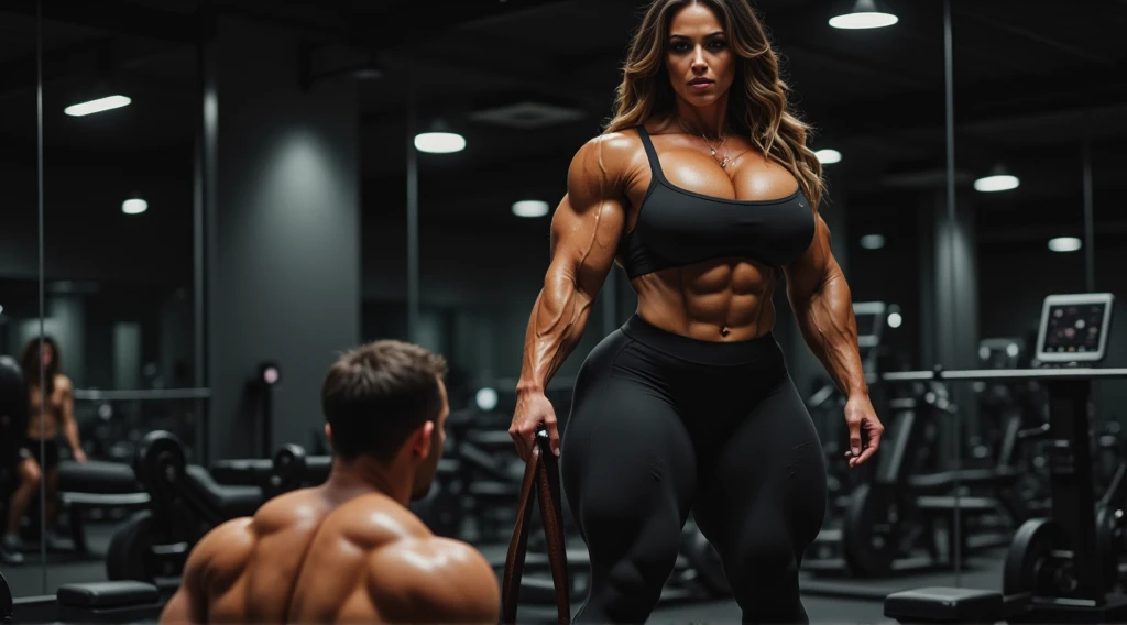 2 person one 40 years old hunk man and one 18 years old girl doing sex in one photo, 40 years old Desi beared mascular dark skin jaat with huge wide muscular shoulders, wide chest, abs, masculine wide triceps, arms, biceps, big masculine legs, wide thighs, calfs, black-haired, hair falls on your face, Mesmerizing brown eyes, tight fitting undies, gloves in hand, doing body play with indian girl in gym, hunk doing sex with indian girl, seductive, sex poses, exotic, pornography