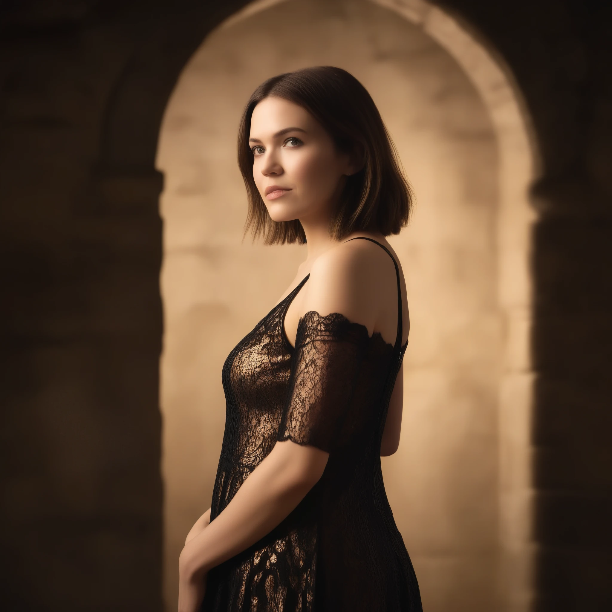 best quality, highres, 8k, masterpiece, photography, detailed midbody photorealistic portrait of Mandy Moore as Leliana from Dragon Age, standing near an arched window in a stone-walled castle bedroom, bathed in moonlight. Her auburn hair falls freely around her shoulders, framing her thoughtful expression. She wears a dark lace lingerie set with intricate designs reminiscent of her Chantry connections, featuring a small feather detail as a nod to her travels. The room is decorated with medieval tapestries, a collection of scrolls, and a flickering candelabra, creating an atmosphere of quiet reflection.. 40 years old, (real skin texture: 1.3), (slender figure: 1.1), six-pack abs, (Immersive Ambience, Chiaroscuro: 1.5, Dim Light: 1.2, Glow Lighting), (Bokeh: 1.5), Blurred, high contrast, (Fuji colours: 1.5), film grain