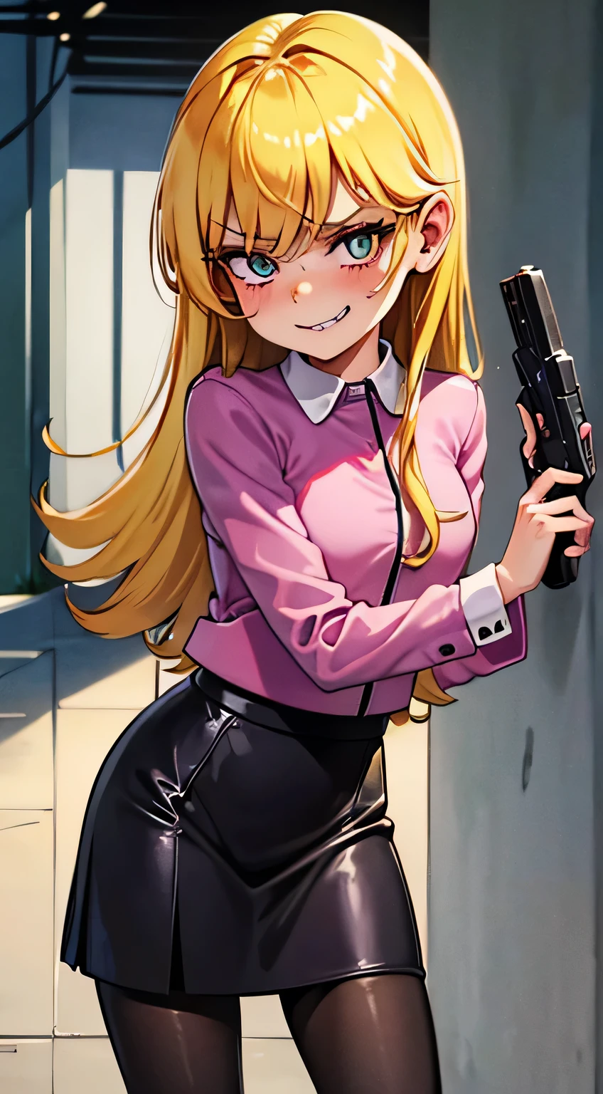 ((masterpiece, best quality)),solo,1girl, lolaloud, lola loud, blonde hair, highres, detailed, soft lighting, long hair, pink shirt, criminal girl, black leather jacket, black skirt, pantyhose, lingerie, background : ocean docks, angry, smirk, missing tooth, black outline, aiming at viewer, holding pistol, handgun, looking at you