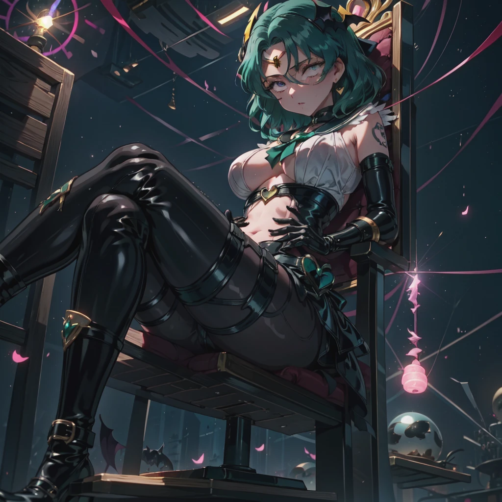 a closeup, 1girl in, Sailor Neptune, aqua eyes, Dark green hair, Medium Hair, (Body tights, Black latex long gloves and boots), Aqua-colored lines on the body, (There is a pink heart-shaped sticker on the nipple), The navel is visible, (Tattoo of the lower abdomen:1.1), Eyes without light, vacuum fellatio mouth, Black ornament on forehead, Bat feather hair ornament, Spread your legs apart, Mechanical chair,Sit on a dildo that glows pink , top-quality, ​masterpiece, hight resolution, intricate detailes, ((realistic)), black latex gloves, very huge breasts⁩, chastity belt, natta, ahegao, rolling eyes, loser, slave,