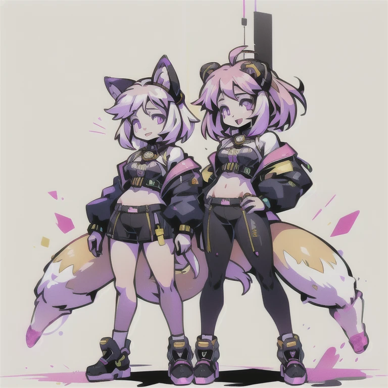  anime-style image of  (((Two girls with fox ears and purple eyes ))) And pink and yellow hair with an open mouth,  conceptual art  by Kamagurka, pixiv, hairy art,  full body commission for ,  feminine furry mini fluffy style , cute art style, em alta no artstation pixiv, moon themed outfit, symmetry!!  conceptual art , jazza e rossdraws,  high quality anime art style . white background.