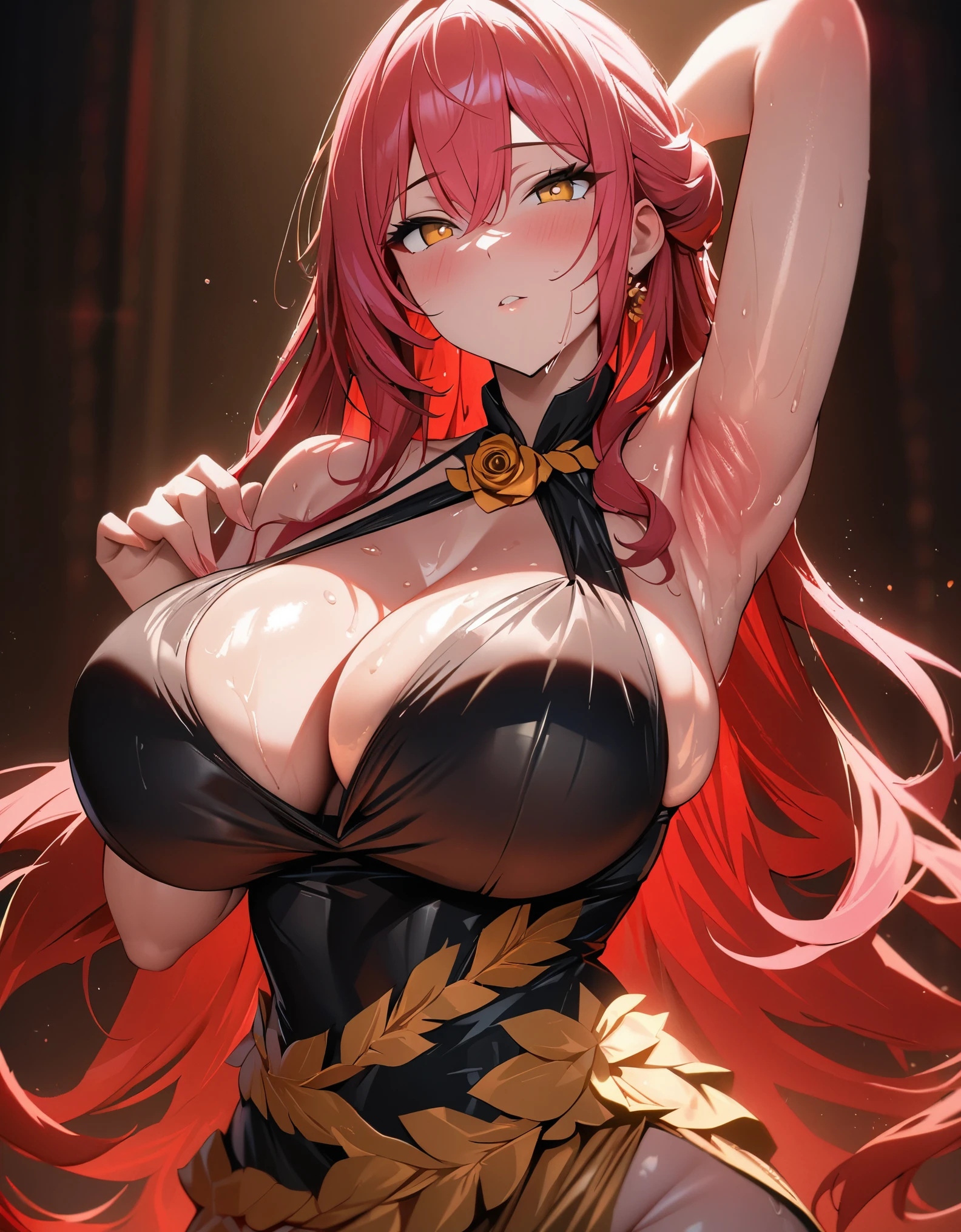 1girl,super huge breasts, pink hair, golden eyes,staring coldly,long hair, body curves, (best quality,4k,highres,masterpiece:1.2),ultra-detailed, dramatic lighting,vibrant colors,cinematic, Himeko outfit, sweaty armpits, bright skin, shiny golden eyes, golden eyes