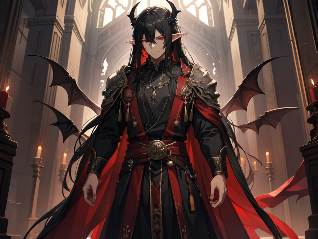 an old man is the demon king,  long black hair, straight hair, Brown Skin,  long bangs , Elf Ears, narrow red eyes, smirking face, Official Art、 best quality、 unity 8k Wallpaper 、32K、masterpiece、Super detailed, Male nose, Male Eyes , Male outline ,  male skeleton , inside the castle of the demon king, wearing black and red wizard robes, Castle interior background, Use dark magic,  ridiculously very high resolution background, multiple bats , Diffuse reflection of light ,