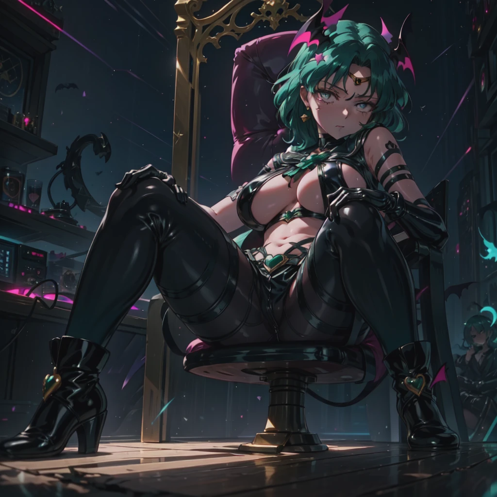 a closeup, 1girl in, Sailor Neptune, aqua eyes, Dark green hair, Medium Hair, (Body tights, Black latex long gloves and boots), Aqua-colored lines on the body, (There is a pink heart-shaped sticker on the nipple), The navel is visible, (Tattoo of the lower abdomen:1.1), Eyes without light, vacuum fellatio mouth, Black ornament on forehead, Bat feather hair ornament, Spread your legs apart, Mechanical chair,Sit on a dildo that glows pink , top-quality, ​masterpiece, hight resolution, intricate detailes, ((realistic)), black latex gloves, very huge breasts⁩, chastity belt, natta, ahegao, rolling eyes, loser, slave,