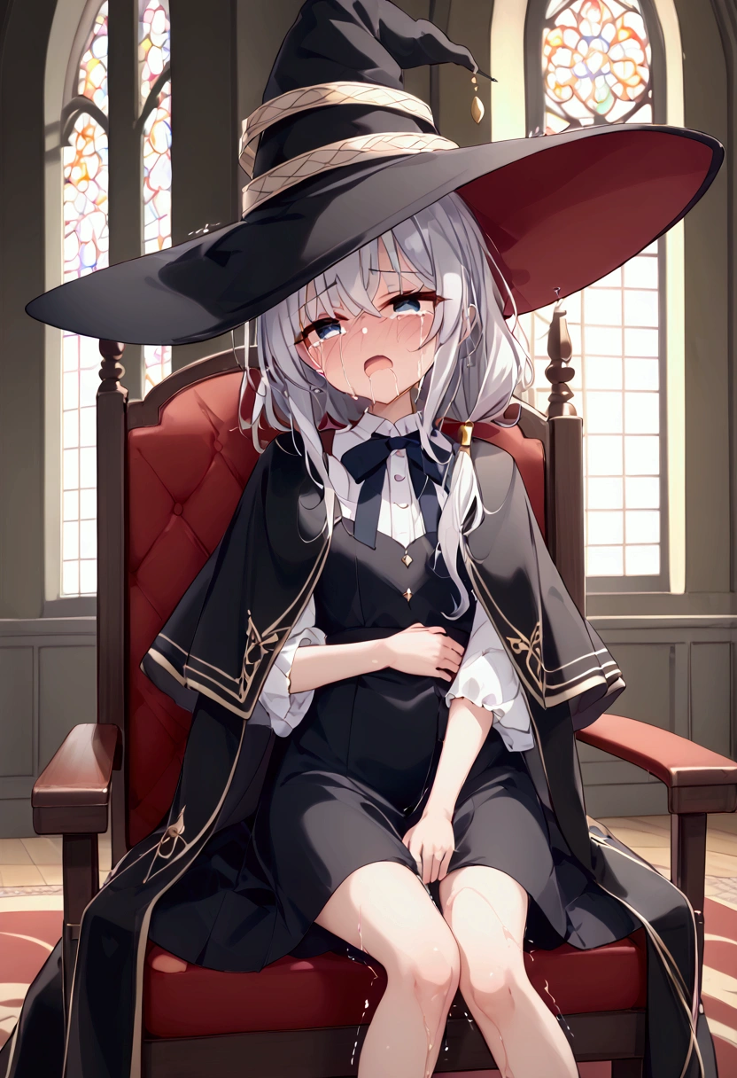 High image quality 、masterpiece、  high quality、Full HD、4K、church、Place your hands on your stomach、  chair、Eye highlights removed 、Darkening in eyes 、Silver Hair、 blue eyes 、naked、 white shirt 、 witch hat 、 black skirt、 show me wet white panties、Close your legs、Small breasts、Pee、 puddle、 putting up with it、trembling、despair、Screaming、Frightened、Crying face、tears