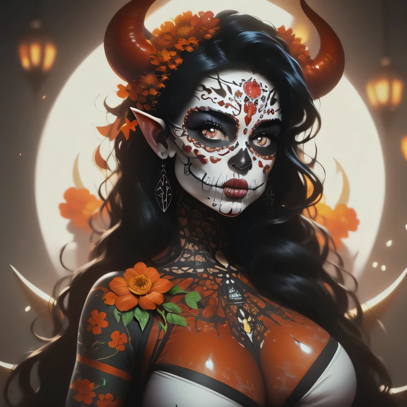 ((Orange and red flowers background)), ((Masterpiece)), ((highres)), ((1 person)), beautifully detailed women, ((Dia De Los Muertos)), detailed face, sugar skull makeup, tan skin, soft skin, clear skin, flowers in hair, detailed elf ears, ((demon horns)), defined eyes, defined iris, red iris, defined lips, defined nose, long black hair, hour glass body, large breast, thick thighs, ((full body))