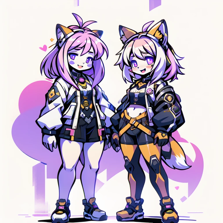  anime-style image of  (((Two girls with fox ears and purple eyes ))) And pink and yellow hair with an open mouth,  conceptual art  by Kamagurka, pixiv, hairy art,  full body commission for ,  feminine furry mini fluffy style , cute art style, em alta no artstation pixiv, moon themed outfit, symmetry!!  conceptual art , jazza e rossdraws,  high quality anime art style . white background.