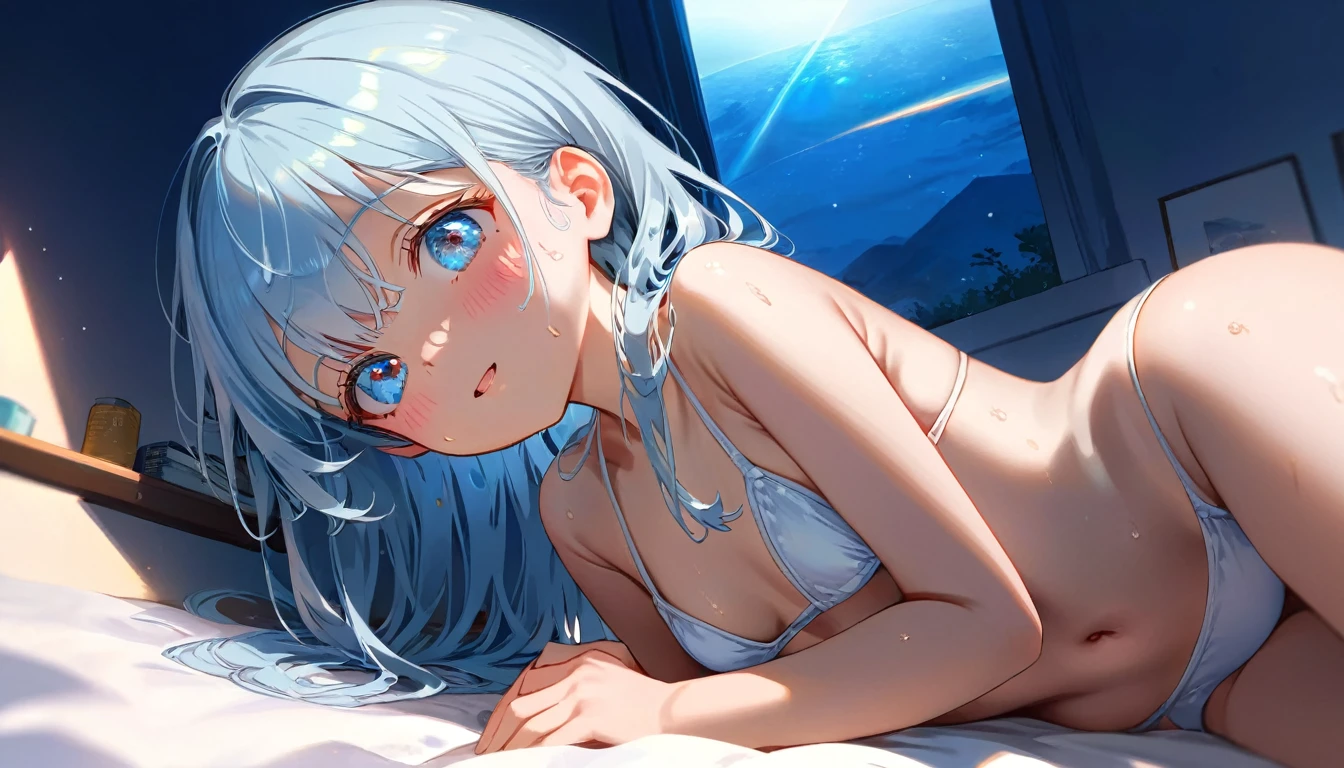 masterpiece, best quality, extremely detailed, (illustration, official art:1.1), 1 girl ,(((( light blue long hair)))), ,(((( light blue long hair)))),light blue hair, , long hair ((blush)) , cute face, big eyes, masterpiece, best quality,(((((a very delicate and beautiful girl))))),Amazing,beautiful detailed eyes,blunt bangs((((little delicate girl)))),tareme(true beautiful:1.2), sense of depth,dynamic angle,,,, affectionate smile, (true beautiful:1.2),,(tiny 1girl model:1.2),)(flat chest), 1 girl, white room, indoor, (, warm, ((sweat)), (((sleeping, lay down))), blush, white bikini,parted lips, breathe, (from below)), (low angle view:1.3), cinematic lighting,relaxing,white micro-bikini, beautiful longer thighs, (beautiful big round eyes), (ultra-intricate pupil in eyes, shiny eyes), long eyelashes, double eyelids, parted lips, kawaii, cute, ( flat chest), slender, (ultra delicate and beautiful skin), insanely detailed clothes, perfect anatomy, dynamic angle, (masterpiece, best quality), (ultra-detailed 8K), (perfect design), absurdres, highres, ((blush)), (super fine illustration), ((light blue long hair))), , long hair ((blush)), masterpiece, best quality, (amazing, beautiful detailed eyes, blunt bangs), high resolution, cute face, masterpiece, best quality, extremely detailed, anime, beautiful girl,wind, solo, depth of field, masterpiece, best quality, extremely detailed, (PHOTO BACKGROUND: 1.3),,depth of field, bokeh,Not wearing pants ,pussy, blush, open mouth