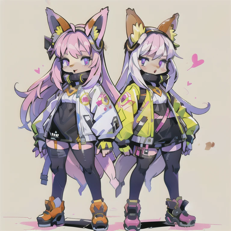  anime-style image of  (((Two girls with fox ears and purple eyes ))) And pink and yellow hair with an open mouth,  conceptual art  by Kamagurka, pixiv, hairy art,  full body commission for ,  feminine furry mini fluffy style , cute art style, em alta no artstation pixiv, moon themed outfit, symmetry!!  conceptual art , jazza e rossdraws,  high quality anime art style . white background.