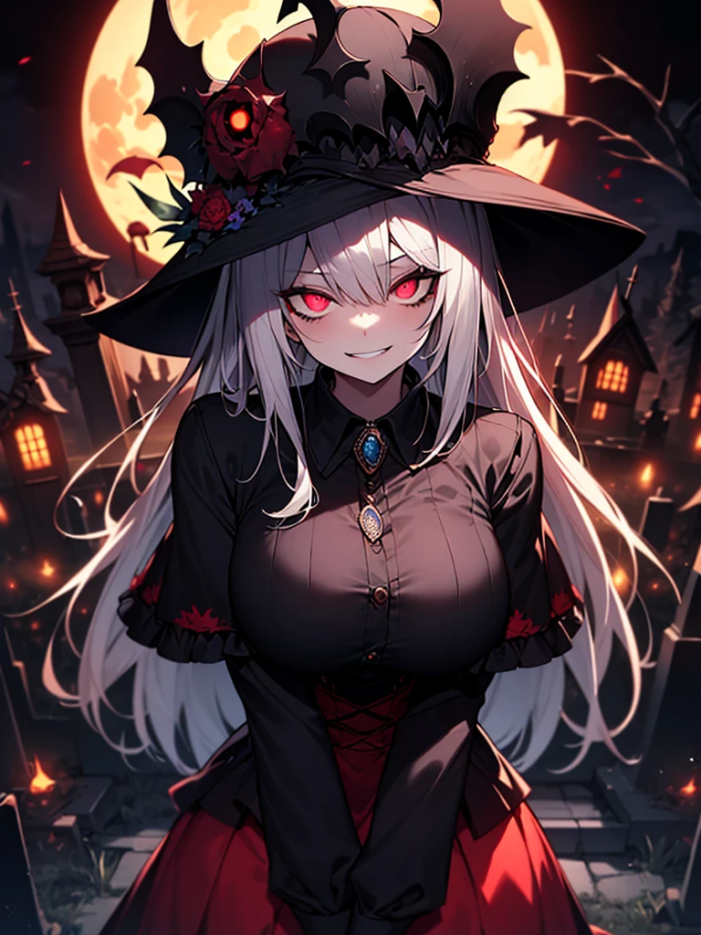 A detailed, youthful, zombie girl with grey skin, slanted eyes, and crazy red eyes that glow in the dark, long silver hair, large breasts, and a shadowy, creepy silhouette with glowing eyes at night in a cemetery under a full moon, with a wicked, yandere expression and hollow eyes, wearing black eyeshadow and detailed lips, displaying a crazy, evil smile against a church background, masterpiece, best quality, 8k, ultra-detailed, photorealistic