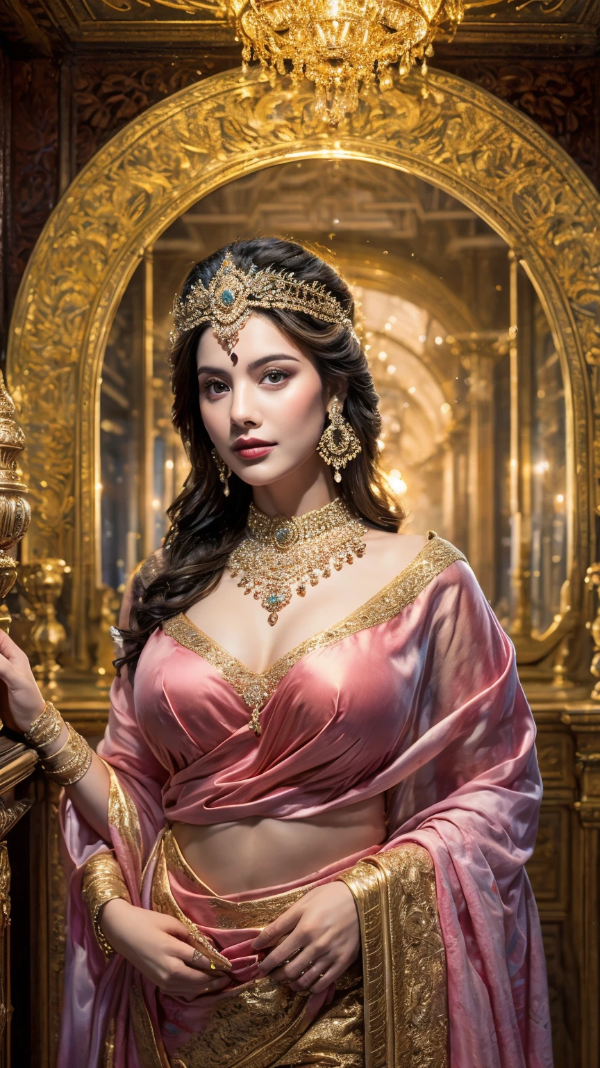 ((Best quality, 8k, Masterpiece :1.3)), Sharp focus :1.2, Generate a realistic image of a beautiful sexy Indian woman plus size body: 8.5 (masterpiece like a princess) (body like divine girl) dressed divine clothes pink Column skirt and print bra, adorned with traditional ornaments, standing in a well-lit room with cinematic lighting. ((Front view, random elegant pose)), and there is a sense of grace and elegance in her posture. The background should complement the scene, enhancing the overall aesthetic appeal of the image. Photography by Brandon Woelfel, Full shot: Canon EF 16-35mm f/2.8L III USM lens on a Canon EOS 5D Mark IV camera, ultra realistic, 32k, HD