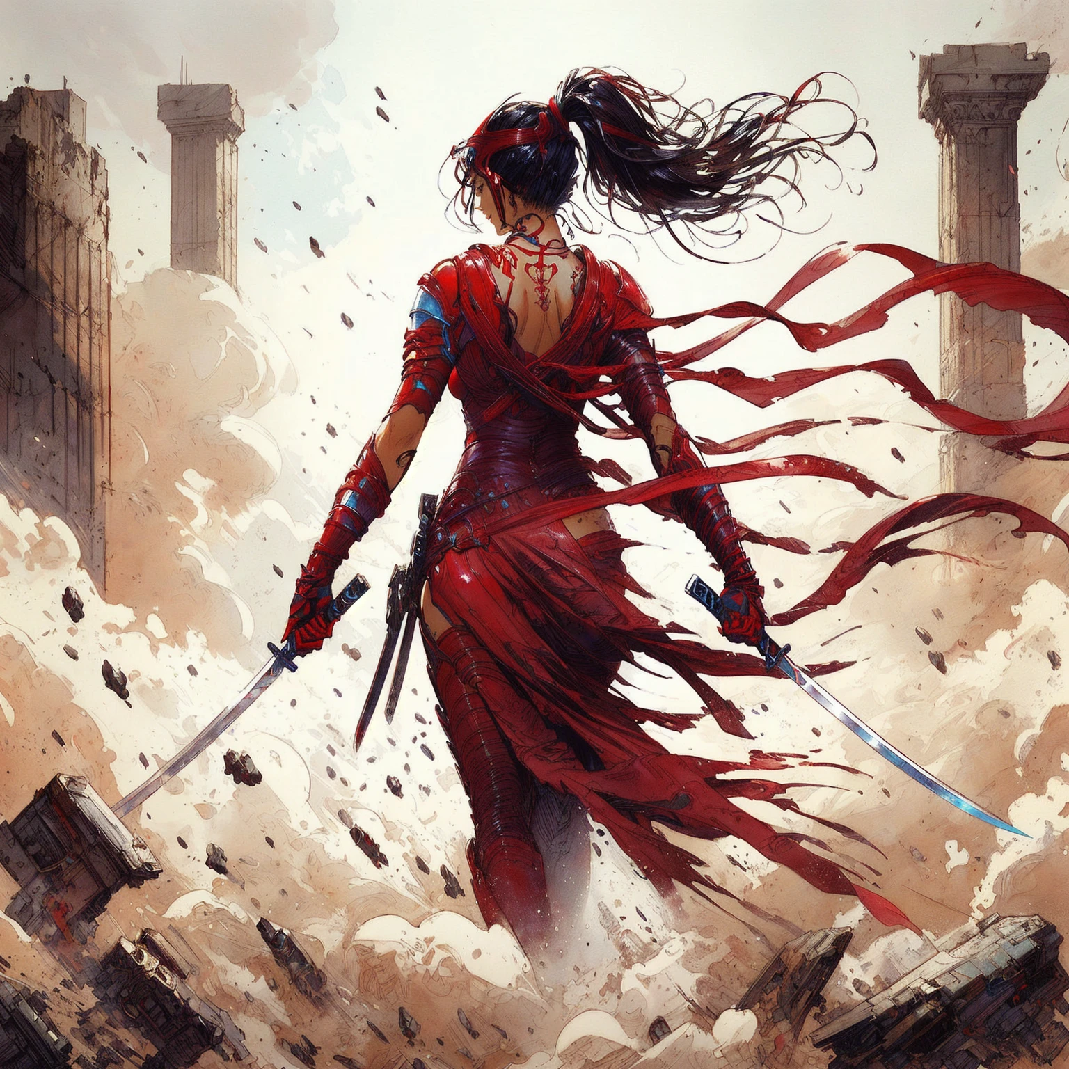 Elektra in a red dress holding two swords in front of a building, inspired by Magali Villeneuve, artgerm craig mullins, female assassin, aenami alena, magali villeneuve', style of marc simonetti, graphic artist magali villeneuve, art style of marc simonetti, epic full color illustration, lady in red armor