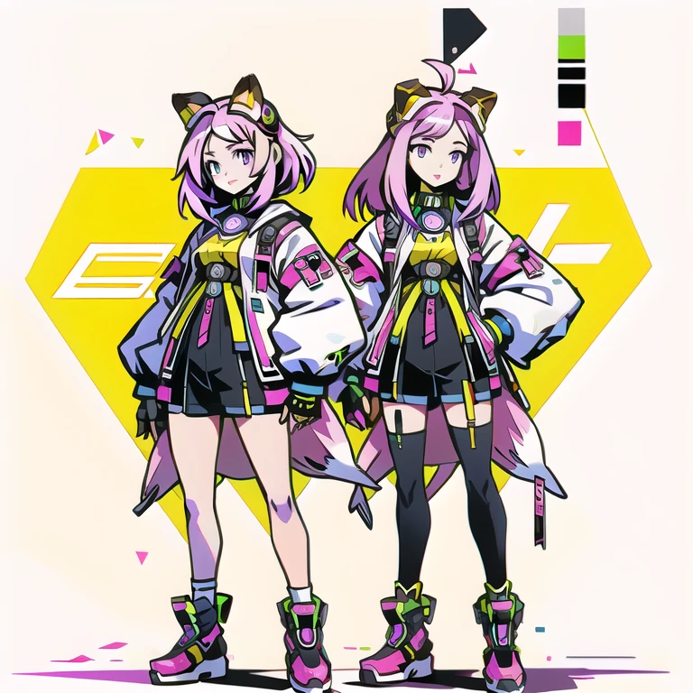  anime-style image of  (((Two girls with fox ears and purple eyes ))) And pink and yellow hair with an open mouth,  conceptual art  by Kamagurka, pixiv, hairy art,  full body commission for ,  feminine furry mini fluffy style , cute art style, em alta no artstation pixiv, moon themed outfit, symmetry!!  conceptual art , jazza e rossdraws,  high quality anime art style . white background.