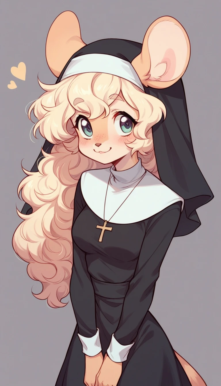   Best quality  ,  Very detailed illustration, (  Anthropomorphic fluffy mouse:1,7) ,  disheveled fluffy hair ,  beckon a playful look, Slim,  perfect body , Simple drawing, Artifyber style, pastel flat colors, Cute,  cartoon , nun clothes 