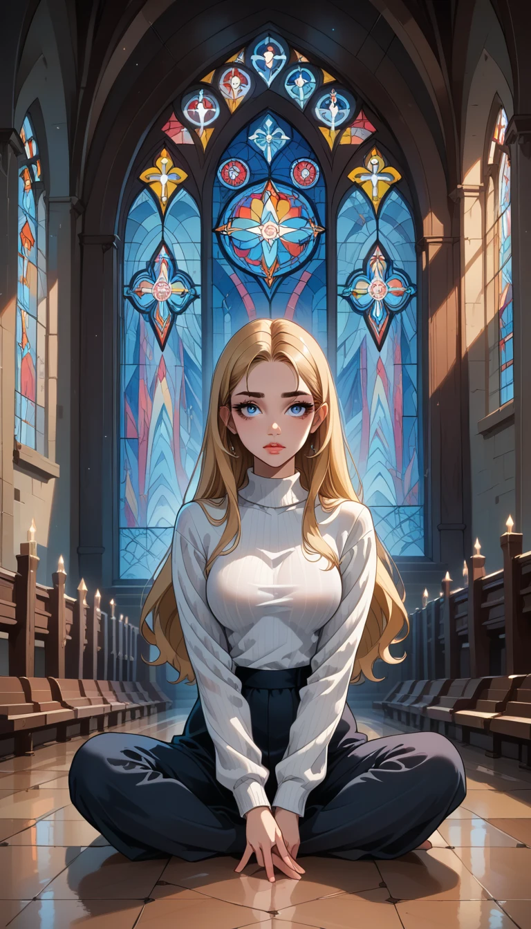 Sensual blonde woman, blue eyes, long hair,  transparent white sweater , defined body,  sitting on the floor of a church ,  illuminated by the moonlight that falls through the stained glass window, Crystal scene ,  high definition,  Elaborate details , brilliance, vivid colors,  illustration style ,  dynamic pose ,  full legs,
