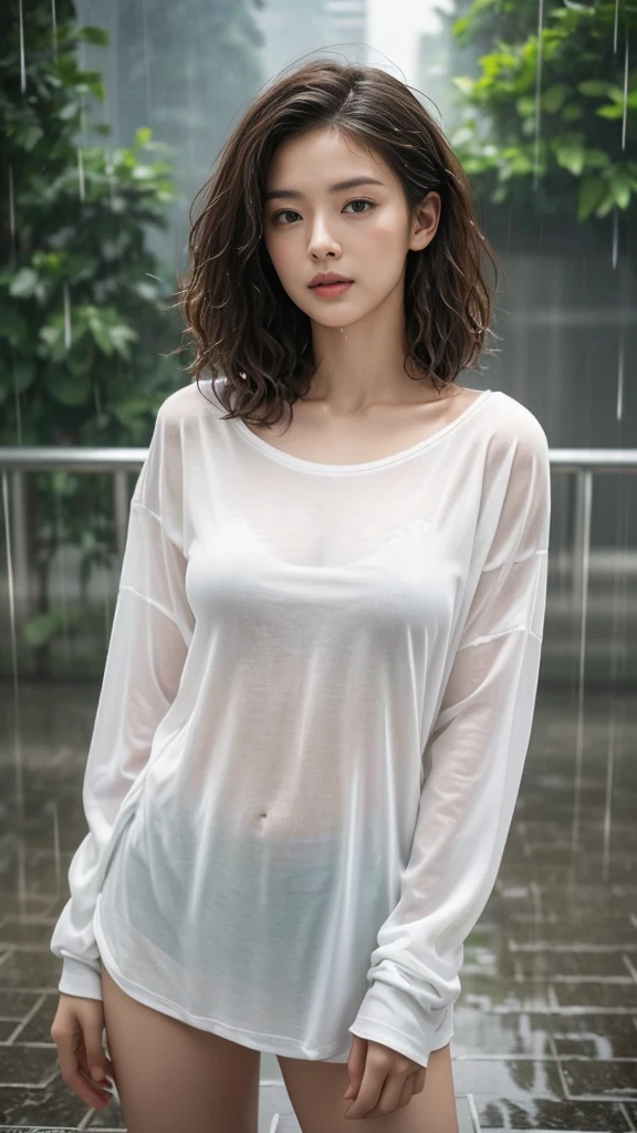 Random Pause, Mix 4, (8k, Original photo, Highest quality, masterpiece: 1.45), (Actual, Vibrant: 1.37), Skinny Japanese woman, one , charm, City view, night, rain, Wet, Professional Lighting, Photon Mapping, Radio City, Physically Based Rendering, Gradient black hair, Short Curly Hair, good looking, , (((The T-shirt is see-through))),Torn clothes、 High resolution, 1080P, (Beautiful Face), (Detailed facial depiction), (Detailed description of the hand), (Detailed CG), Extreme light and shadow, Messy Hair, Lots of details, (exquisite features), (Highest quality photos), (Beautiful Eyes), Look in front of you, Thin clavicle,