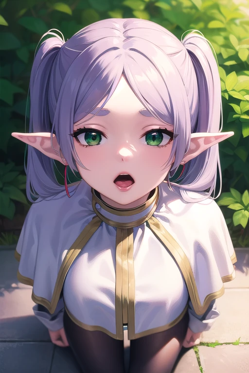 frieren, long hair, twintails, (green eyes:1.5), grey hair, pointy ears, elf,
BREAK (white shirt, long sleeves, jewelry, pantyhose, earrings, striped, black pantyhose, white capelet, striped shirt:1.1),
BREAK kneeling, arms behind back, (open mouth, tongue out, gaping mouth, gapemouth:1.2),
BREAK Expressionless,
BREAK from above,
BREAK outdoor, forest,
BREAK (best quality, masterpiece, detailed:1.1), HD, anime colored, (beautiful detailed eyes, extremely detailed face:1.3), perfect lighting, extremely detailed CG, (perfect hands, perfect anatomy),