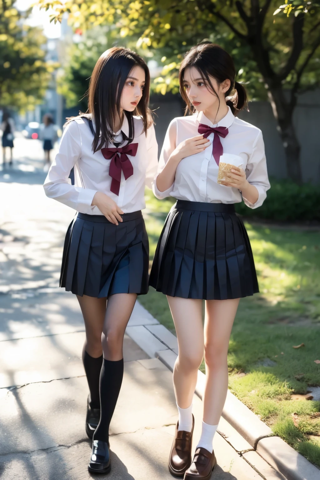  Masterpiece, 4K, bokeh, ((2 girls in:1.5)), (school uniform:1.3), (Plump breast:1.3), (From below:1.2), A close-up, full-body view of a high school girl eating sandwich on a calm suburban morning. Seen from a slightly angled front perspective, the focus is on her as she pedals, her face clearly visible with a gentle, focused expression. She wears a crisp white blouse and a navy blue mini pleated skirt, her black hair flowing softly in the breeze. Her slender legs extend gracefully as she pushes the pedals, her skirt fluttering slightly with the movement. soft morning sunlight bathes her figure. Behind her, tree-lined streets and a clear blue sky create a peaceful backdrop, with autumn leaves gently falling around her, capturing the quiet beauty of her daily commute,

BREAK , ((pleated skirt, mini skirt):1.3), ((loafers):1.2),



