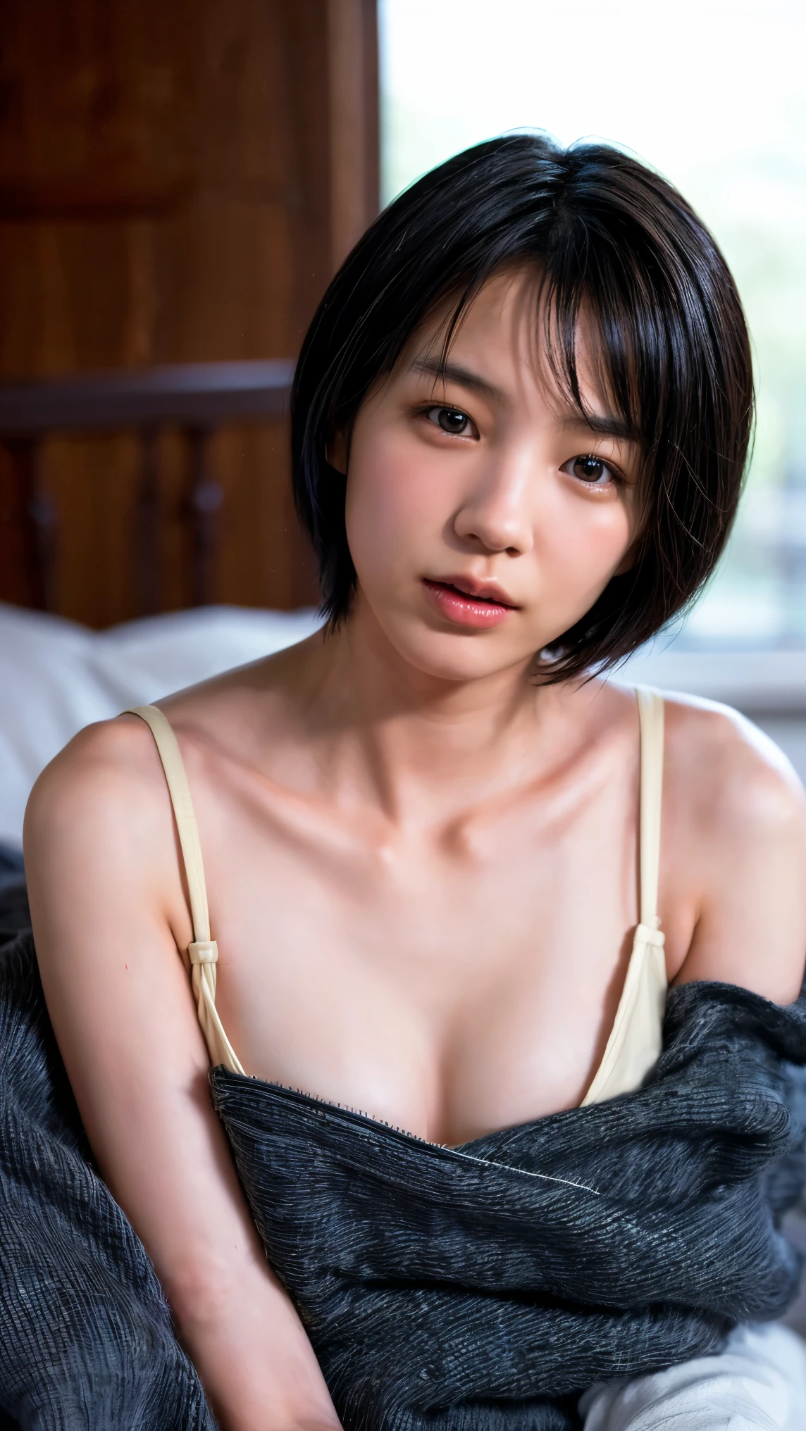 ((Petite women,  sensual woman in front of POV,  no makeup in the coal mine, 柔らかい笑face, In the bedroom)), (((Small eyes, length, Narrow eyes,  Black Hair ,  short bob hair))), ( full body portrait,  short hair,  small breasts, Completely naked,  protruding nipples , Thick pubic hair),  white skin, Glossy pale lips, skinny, Body Type,  with delicate and sexy collarbones , Best Quality, RAW photo, Realistic, face,  so beautiful, cute,  Depth of the written border ,  high definition, 超 Details,  Details, Very  Details, extremely  Details eye and face, Sharp pupils,  sharp concentration,  movie lighting 