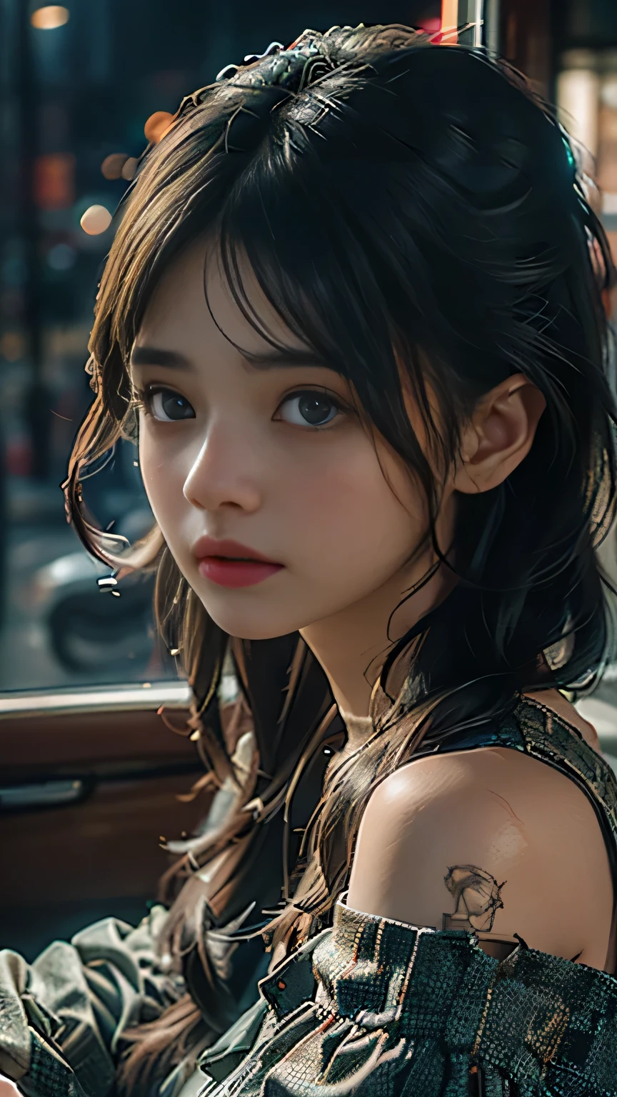 A beautiful young woman, 18 years old, wearing an off-the-shoulder dress, cinematic lighting, (best quality,4K,8k, highres ,masterpiece:1.2),ultra-detailed,(realistic,photorealistic,photo-realistic:1.4),original photo,1girl,portrait、light makeup、worried expression、Natural eyebrows