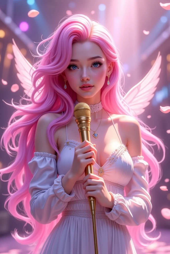 (((  Girl holding a golden microphone，Long pink hair， blue eyes，)))，，Skin design   ，green mecha+Short skirt，   perfect figure  ， Game Light Effects , Soft Light, ，invisible wings，Pink Dream，petal