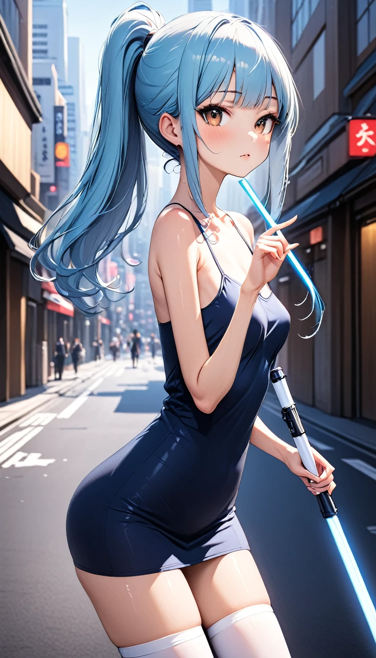 ((masterpiece,Best Quality:1.3,best quality illustrations)),cowboy shot,1woman,adult,(ponytail),straight long hair,light_blue hair,(very small head:1.2),bangs,gorgeous eyes,brown eyes,blush,(very long body:1.1),small breasts,(dark blue Tank mini dress,white_thighhighs),slender body,toned body,shiny skin,(Holding a blue lightsaber、 holding a blue lightsaber hold the handle of the sword correctly:1.2、 holding a blue lightsaber correctly holds the handle of the accurately depicted ５Hand with two fingers:1.2),Fighting spirit、on street,、Shinjuku、Tokyo、