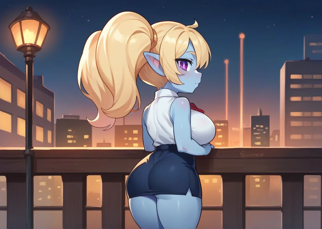 1 baby, Alone, poppy, Chibi,  blue skin , city, night,  back view, pose sexy,  big breasts , Neckline clothing, short skirt, sexy look