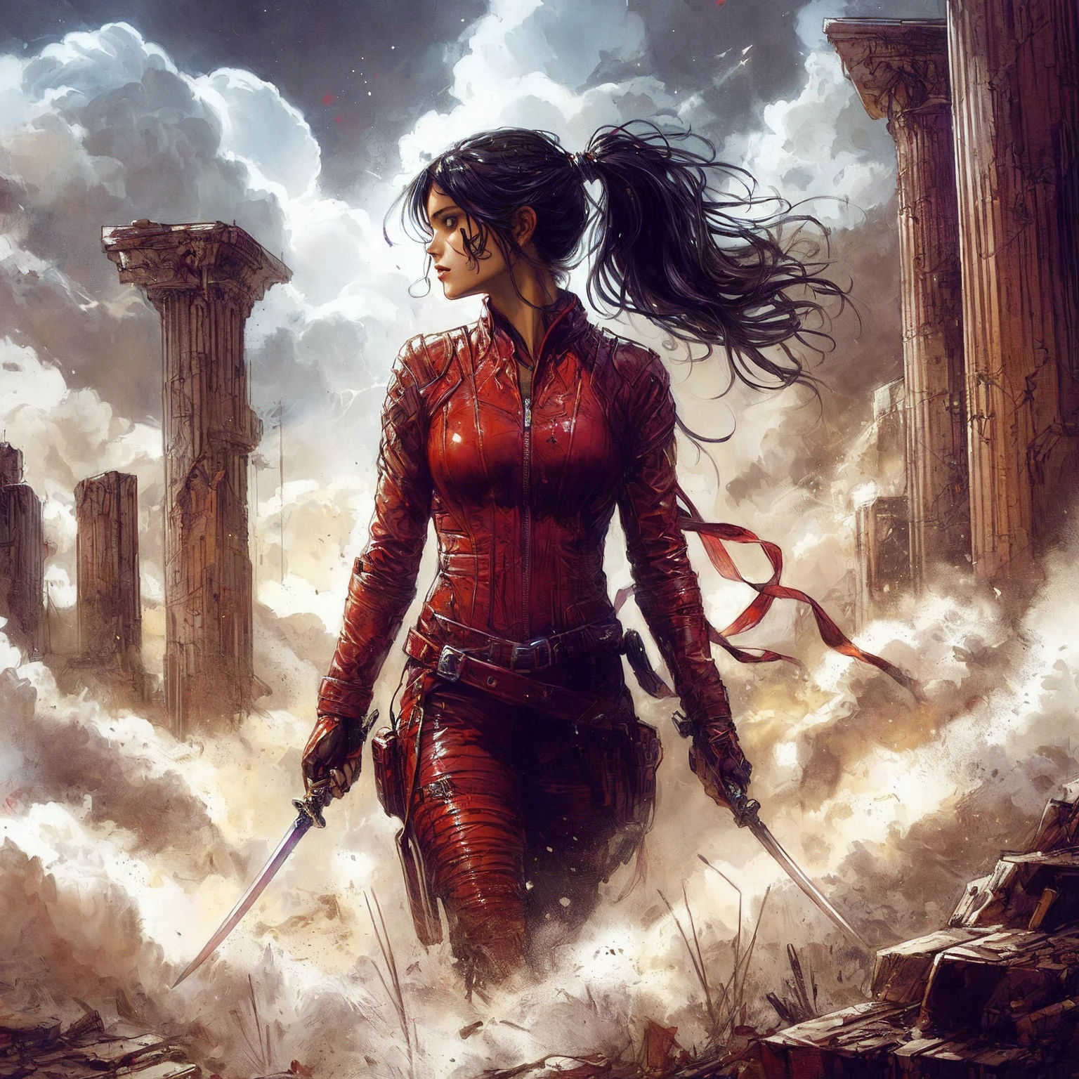 a woman in shiny red leather is holding a sword in front of a city, tight red leather outfit, inspired by Magali Villeneuve, alena aenami and artgerm, style of marc simonetti, female assassin, art style of marc simonetti, anato finnstark and alena aenami, magali villeneuve', artgerm craig mullins