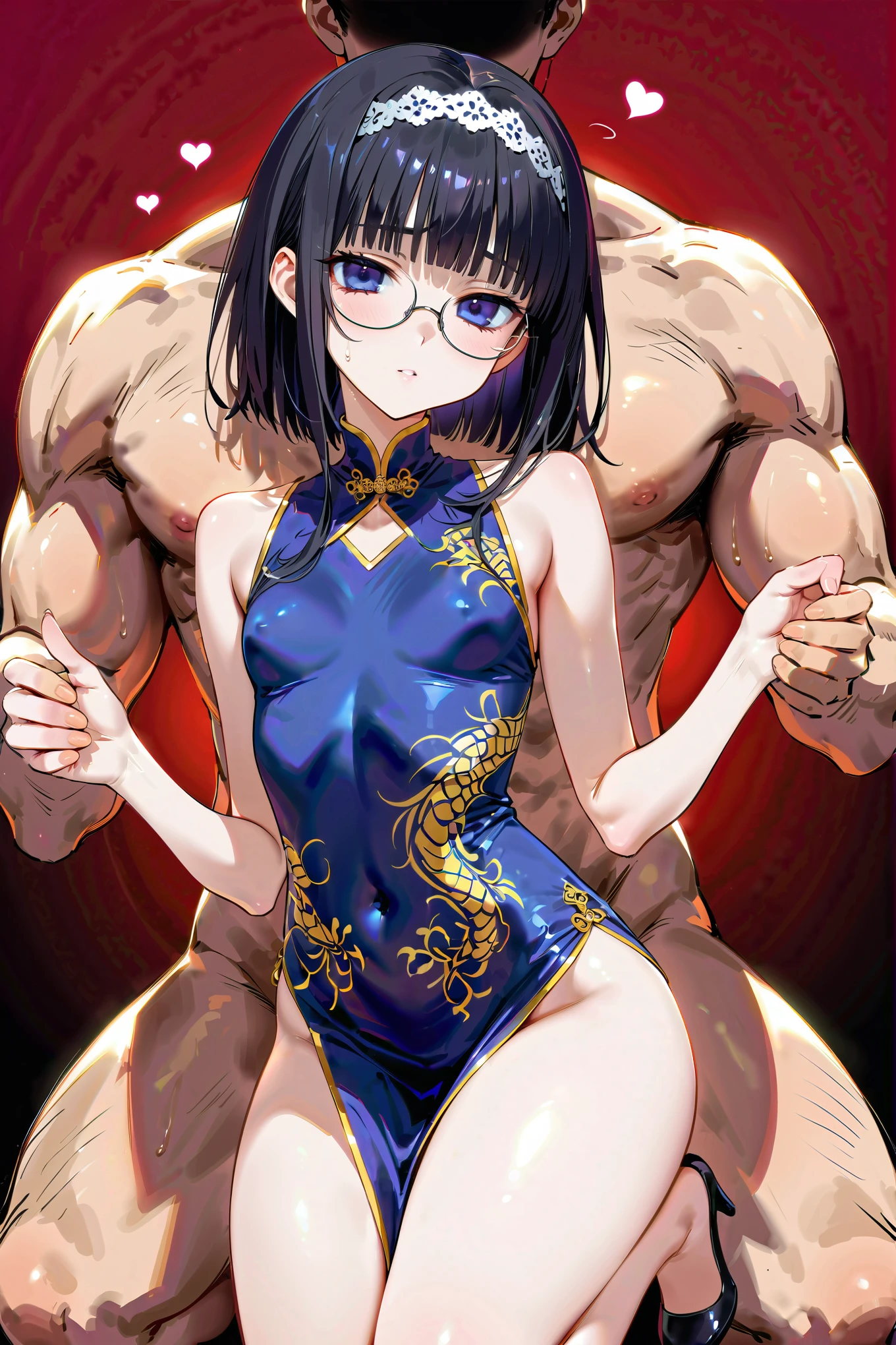 Beautiful girl being held by a thick man's arms, hair over eyes, detailed hairband,  chignon hair、Round Glasses, black hair, cowboy shot, kneeling, small breasts、Thick thighs、 simple background、heart, nsfw,  Hollow Eyes、(glistening skin), (oily skin), (shiny skin),(half closed eyes),  china dress、slouch、I'm shaking puru、during sex、(head tilt:1.3)