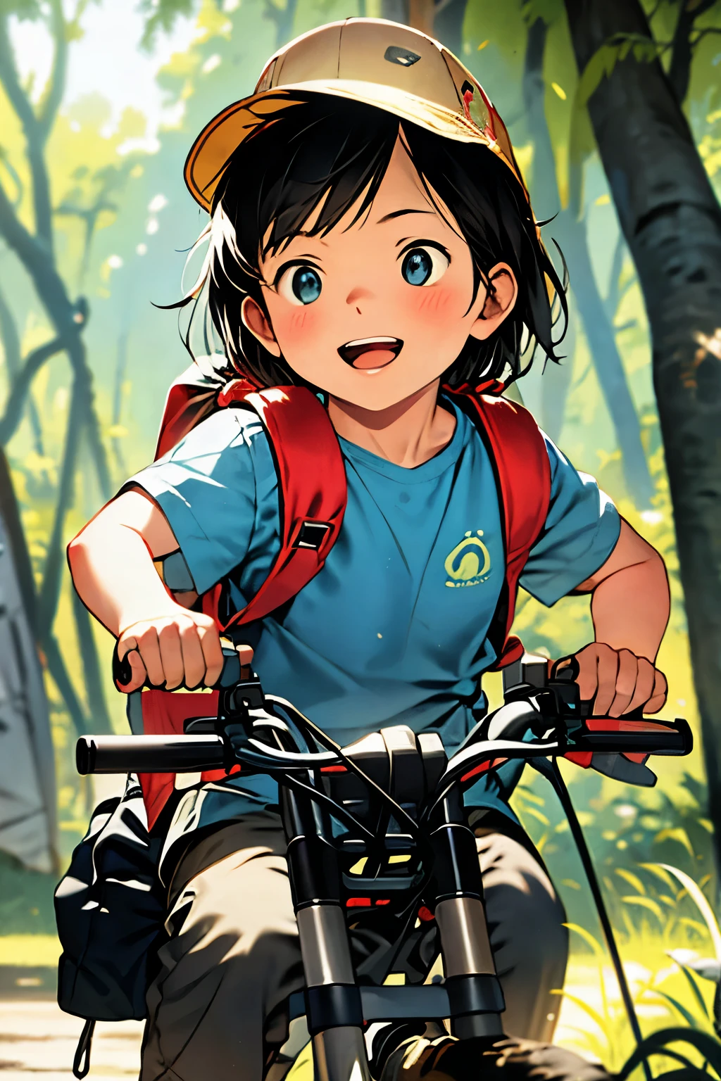 3.1boy 1girl backpack bag bicycle jungle moss motor_vehicle riding rating:safe