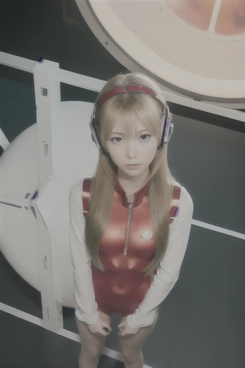 (Overhead view),dynamic angle,ultra-detailed, illustration, close-up, straight on, 1girl, 
 ((souryuu asuka langley, interface headset, red bodysuit:1.4, blonde)),Her eyes shone like dreamy stars,(glowing eyes:1.233),(beautiful and detailed eyes:1.1),(expressionless,closed mouth),(standing), 
(mechanic room with toolsand spaceship windowin a white SPACESHIP),
(night:1.2),dreamy, [[delicate fingers and hands:0.55]::0.85],(detail fingers),