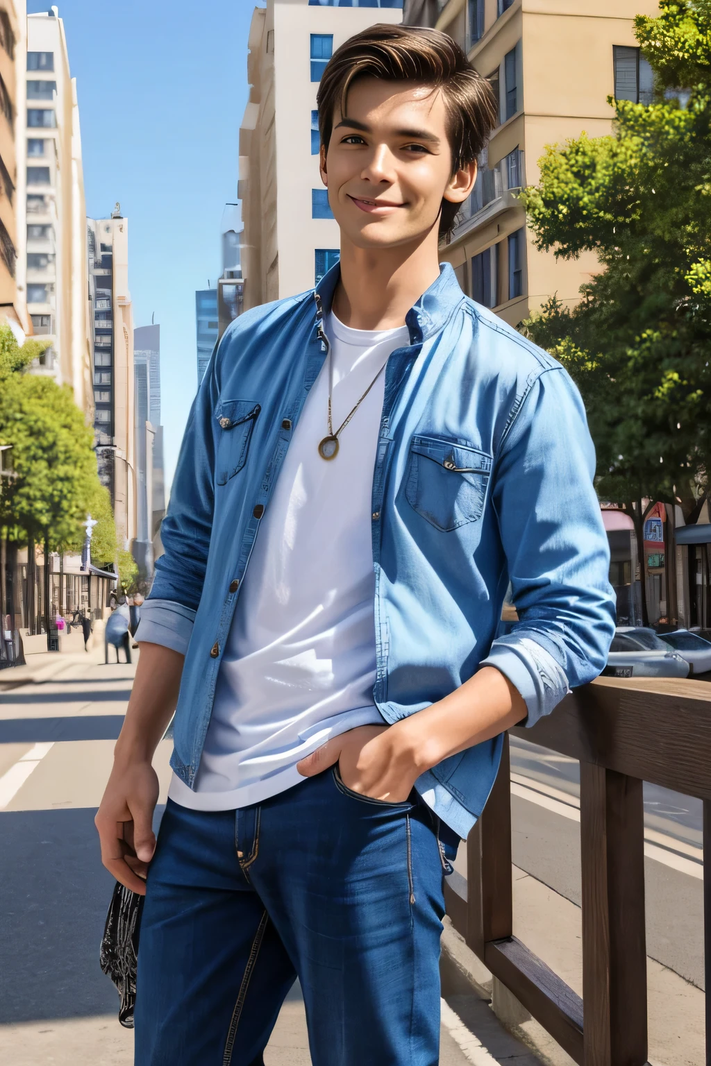 Age 25々Cool guy、Wha like to be a model、Chic and casual clothing、Delicate face、good looking、I am brunette、Brown eyes、Daytime on a sunny day、Cool standing figure、The scenery in the background is a cityscape、Live-action shooting style、High quality 8k、Bright smile、like a model、One Man、
