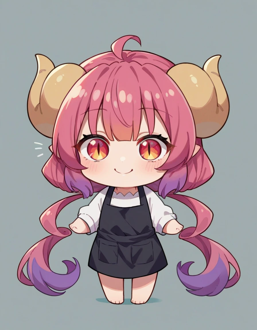 score_9, score_8_up, score_7_up, source_anime,
dragonilulu, ilulu, curled horns, horns, long hair, multicolored hair, purple hair, red eyes, red hair, slit pupils, smile, oppai ****, chibi girl, full body
 apron, black apron