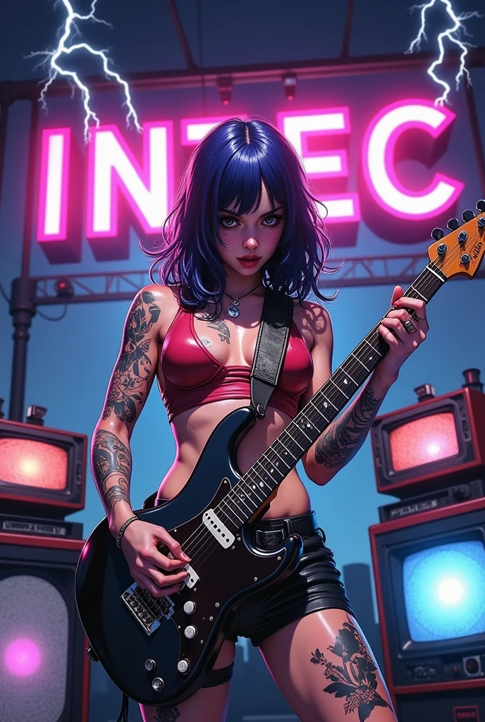 パンクロックguitaristの驚くほど詳細なフォトリアリスティックなアニメスタイルのイラスト. ( flat chest), guitarist, Her hair is gathered on her head 、 a full-sleeve tattoo with the image of electricity on her right arm .  a full-sleeve tattoo with the image of the wind on her left arm .  She's playing an electric guitar solo 、I'm concentrating and distorting my face .  The stage behind her is displayed with a very large neon bulletin board with ［intec ］ written on it with three large monitors installed on the outdoor stage is displayed ,  creates a dark and intense atmosphere . Outdoor Stage, There is a very large sign with INTEC written in capital letters due to intense electric current in the background
