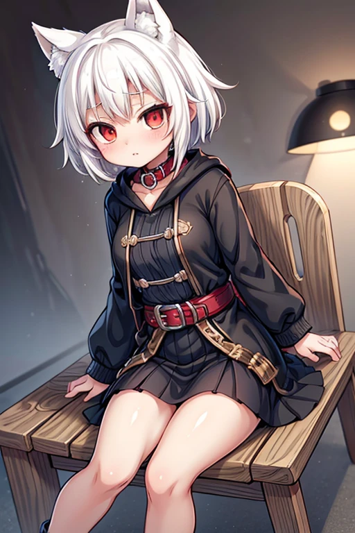 the best quality, 4k, masterpiece, a girl, mini breast, red eyes, white hair, short-medium hair, wolf girl, white tail, black long coat, black long skirt, black belt, red collar, black clothes