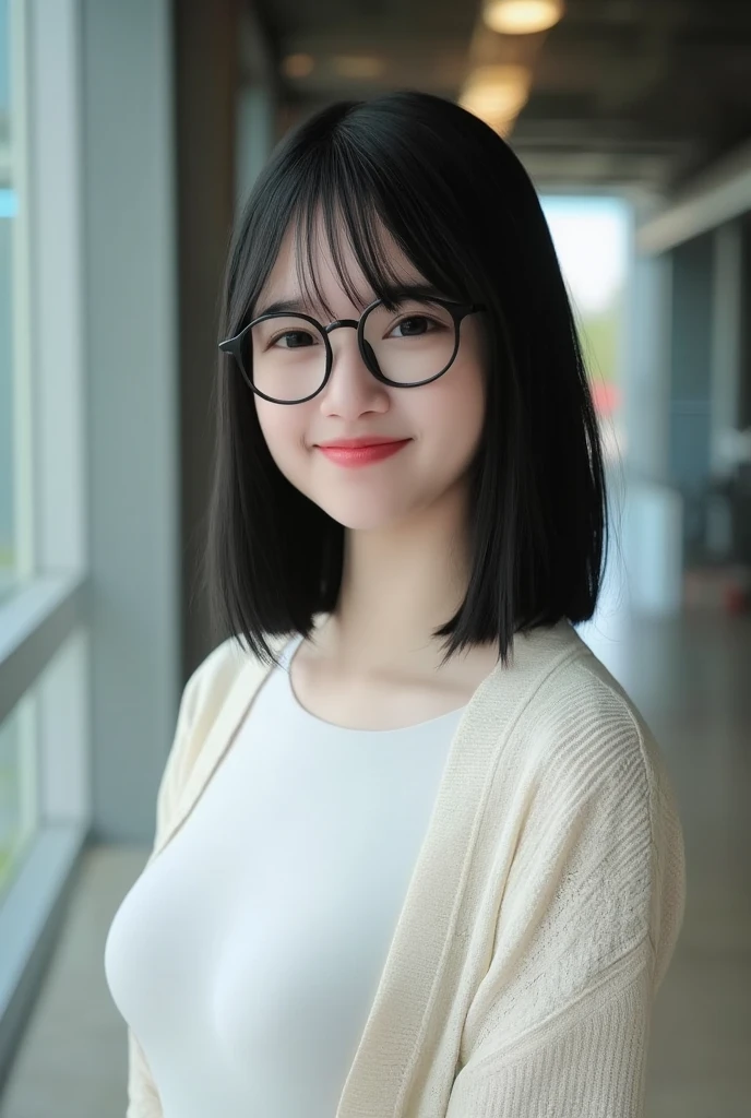 Top Quality, Masterpiece, Ultra High Definition, (Photorealistic: 1.4), (Look Off: 1.4), (Look Off: 1.4), No Look at Camera, Raw Photo, One Girl, Dark Hair, (Straight Bobs: 1.4), (Patsun: 1.4), Bangs, Glasses, Smile, Glossy Skin, Dramatic Lighting, Neat, T-Shirt, White Summer Sweater, (Big: 0.9), parks