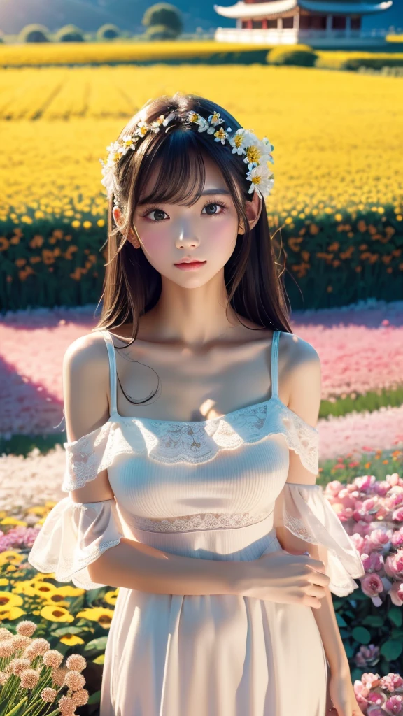 Realistic,  high definition, Soft light,1 female, 、Japanese、Alone,  glowing skin , (  Detailed Face ), (Black Hair),( long hair), Off Shoulder Dress , white mini skirt dress,Soft and warm tones, Delicate brushwork,  proper use of light and shadow , ((Vast flower fields),(Surrounded by flowers)),(per masseter:1.3)、 big breasts at the temple, wide open chest ,excessive exposure of the skin,