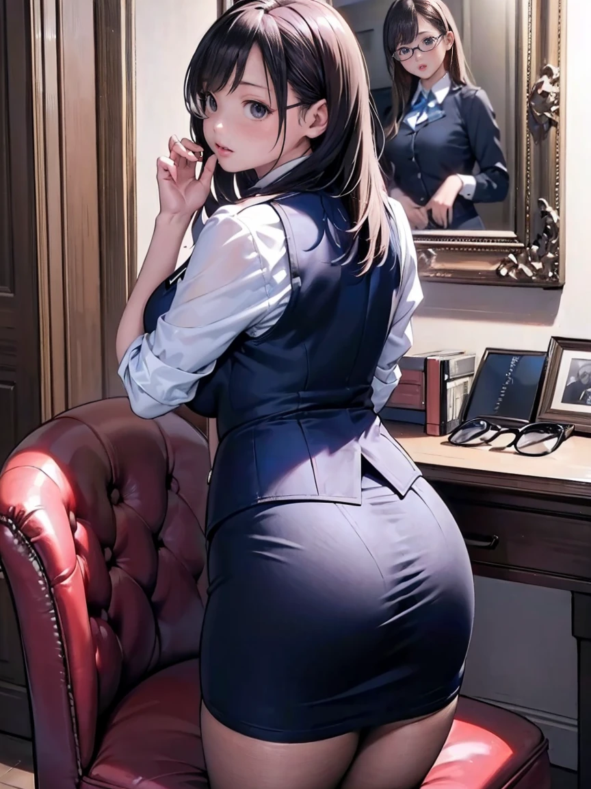 straight hair . huge breasts , black background , office look, huge ass , butt selfie