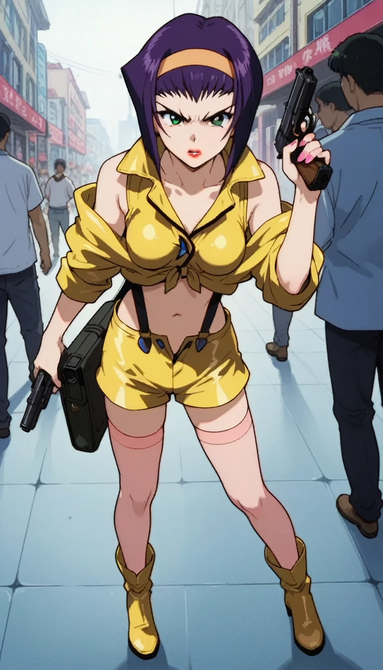 score_9,score_8_up,score_7_up,score_anime,anime, full body shot, fay3val3nt1n3, 1girl, purple hair, short hair, lipstick, green eyes, yellow hairband, yellow crop top,yellow shorts, pink thighhighs,boots,pink suspenders, angry look, holding gun in hand,  immersive space station background