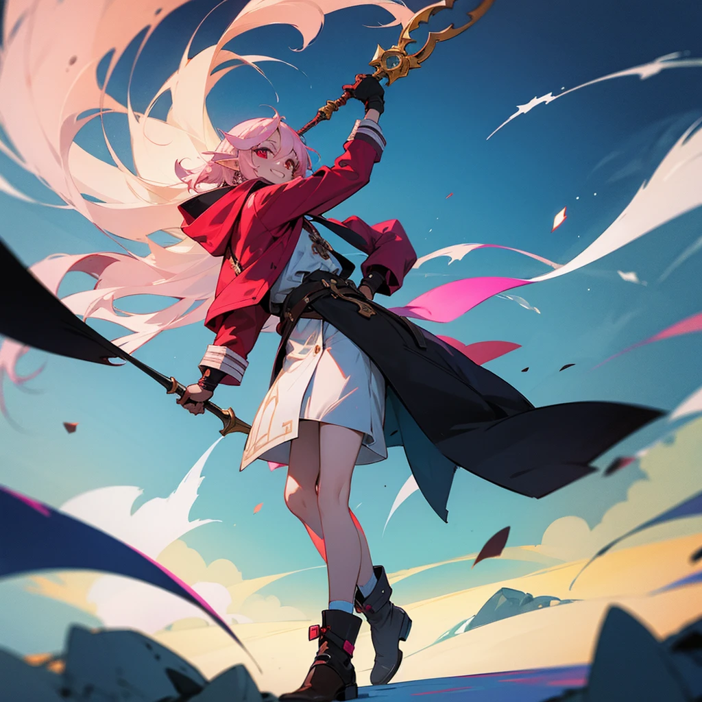 female, elf, wizard, happy, smiling,  light pink hair, red eyes, hoodie, gloves, boots, with a staff, fantasy