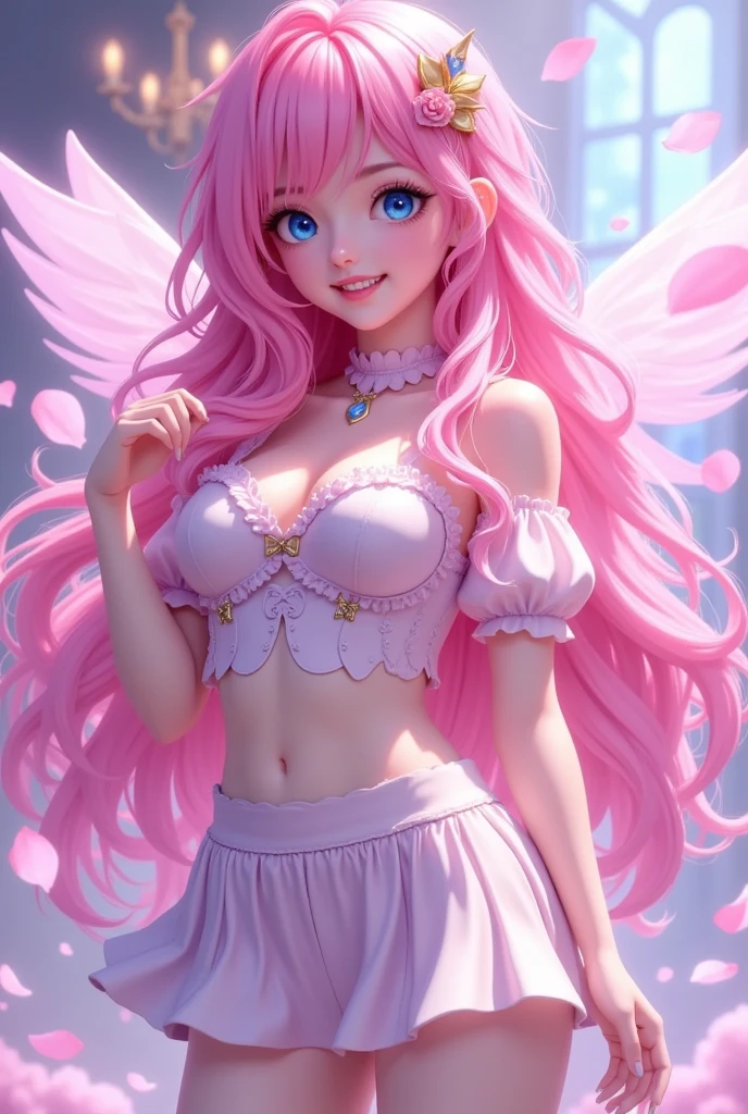 (((  1 Girl，Long pink hair， blue eyes，teeth，lol，)))，，Skin design   ，((Puff sleeve mecha +Short skirt))，   perfect figure  ， Game Light Effects , Soft Light, ， invisible wings，Pink Dream，petal