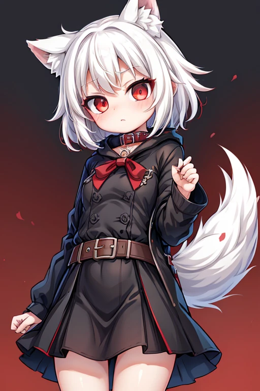 the best quality, 4k, masterpiece, a girl, mini breast, red eyes, white hair, short-medium hair, wolf girl, white tail, black long coat, black long skirt, black belt, red collar, black clothes