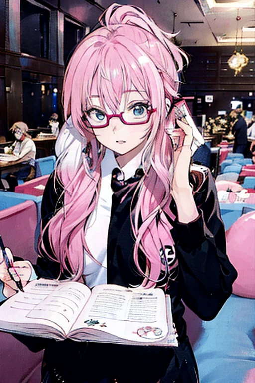  1 girl,Pink Hair, ponytail, Glasses　　　 anime style　Candidates　　Barely　 Libraries 　pen and notebook