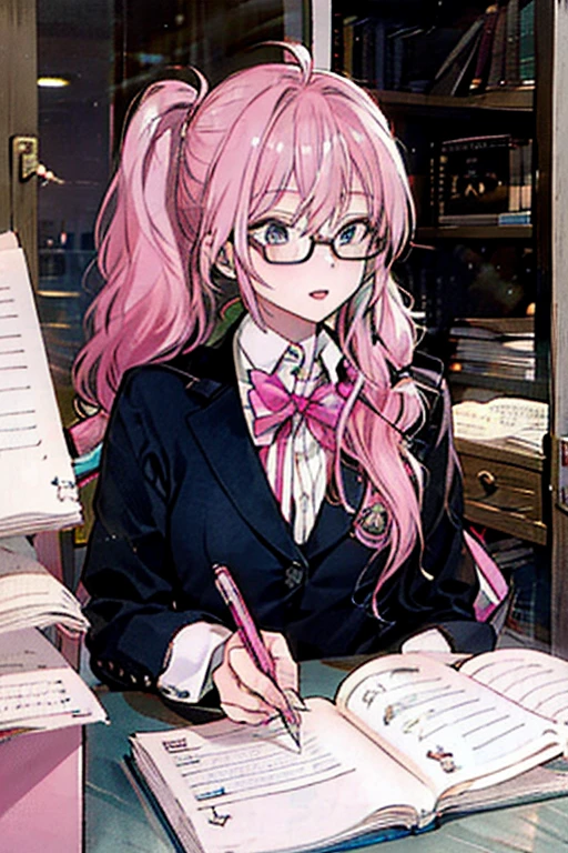  1 girl,Pink Hair, ponytail, Glasses　 Libraries 　　 anime style　Candidates　　Barely　　pen and notebook