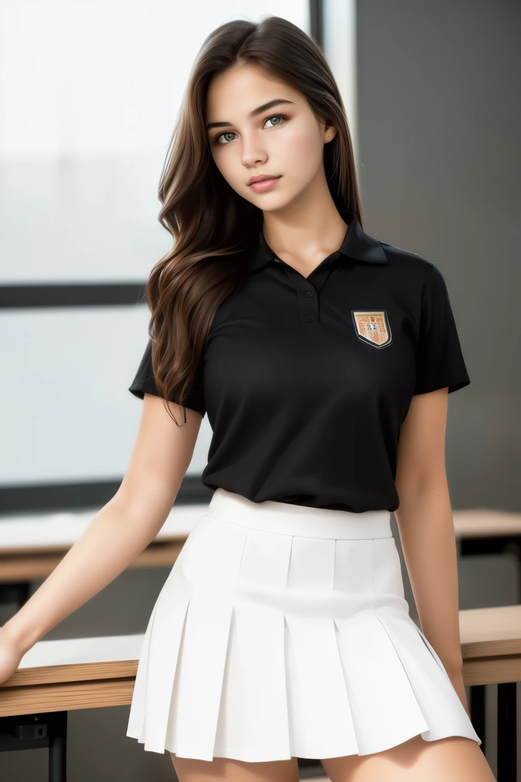 Eugene,(close up photo:1.2),(throw:1.4),(Female student wearing high school uniform and skirt:1.5), South Korean, female, perfect  eyes,1girl,Complex 3D rendering, ultra-detail, Portrait of a beautiful woman, Capricious portrait, Striking features, beauty, intriciate detail, dramatic composition, Tension, Faint hair, Contrast, Texture, Reality, high-quality rendering, stunning art, highs quality, film grain, Fujifilm XT3, Whirlpool bokeh, (Photorealistic, Photorealistic:1.4),Raw-Photo,physics based rendering,(8k, Top  Quality, ​masterpiece:1.2),(full body shooting:1.2),(close up photo:1.3),octan render,Highly detailed CG unity 8k wallpaper,(Studio Soft Light, Rim Light, in a classroom, sunlights:1.2),Surreal details, glowing skin,The ultra-detailed,(ultra realistic:1.5),(If you look at the viewer, you will see that:1.2),(Complex:1.2),(photorealestic:1.4),a chair,a desk, (skiny:1.3),Masterpiece, superlative, realistic, Jenny wears trendy brands. Football T-shirt, Shorts, open waist, bare shoulder, cleavage, Layered, Long leg, wasteland punk style, The background is a wasteland, desert, Wind and dust details complex, High image quality, photography lighting, 16 K,Well good,White panties,Wet body