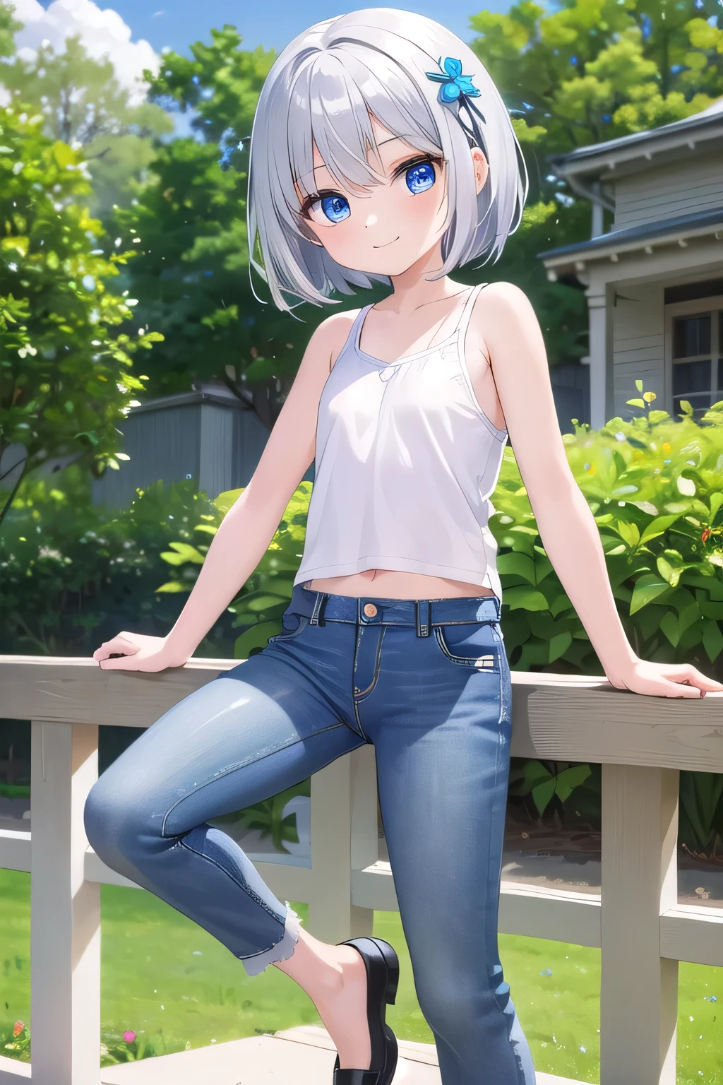 home garden, a girl, oversized shirt, shirt over skirt, clavicle, play, smile
<lora:oversized_shirt_v0.2:0.7>